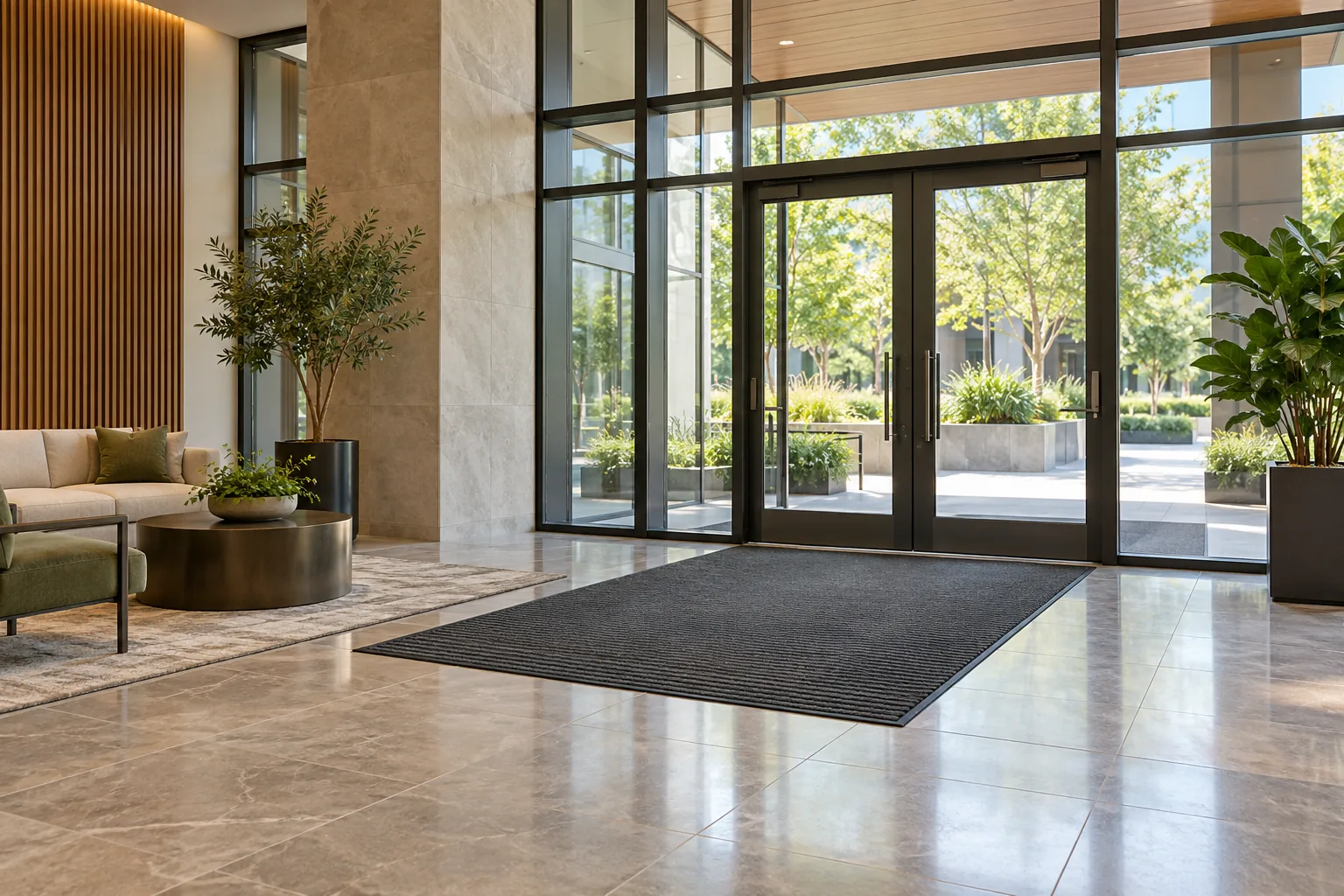 Bright multi-tenant lobby with stone-look floor