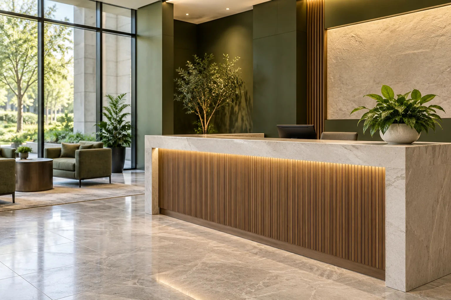Reception desk in an olive-toned lobby