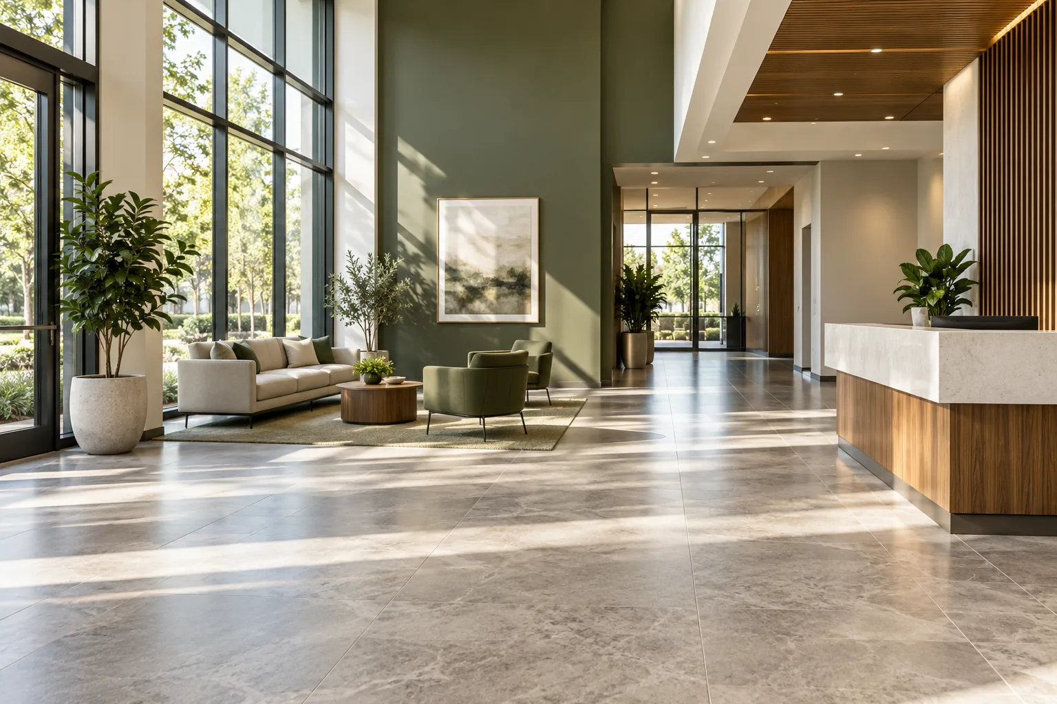 Commercial lobby with stone flooring and soft morning light