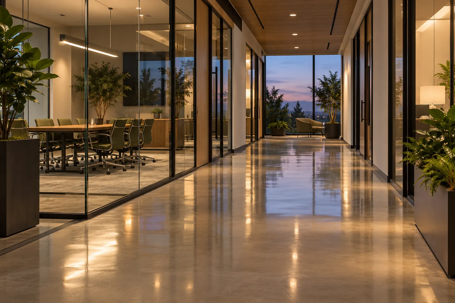 Quiet office corridor with polished resilient flooring
