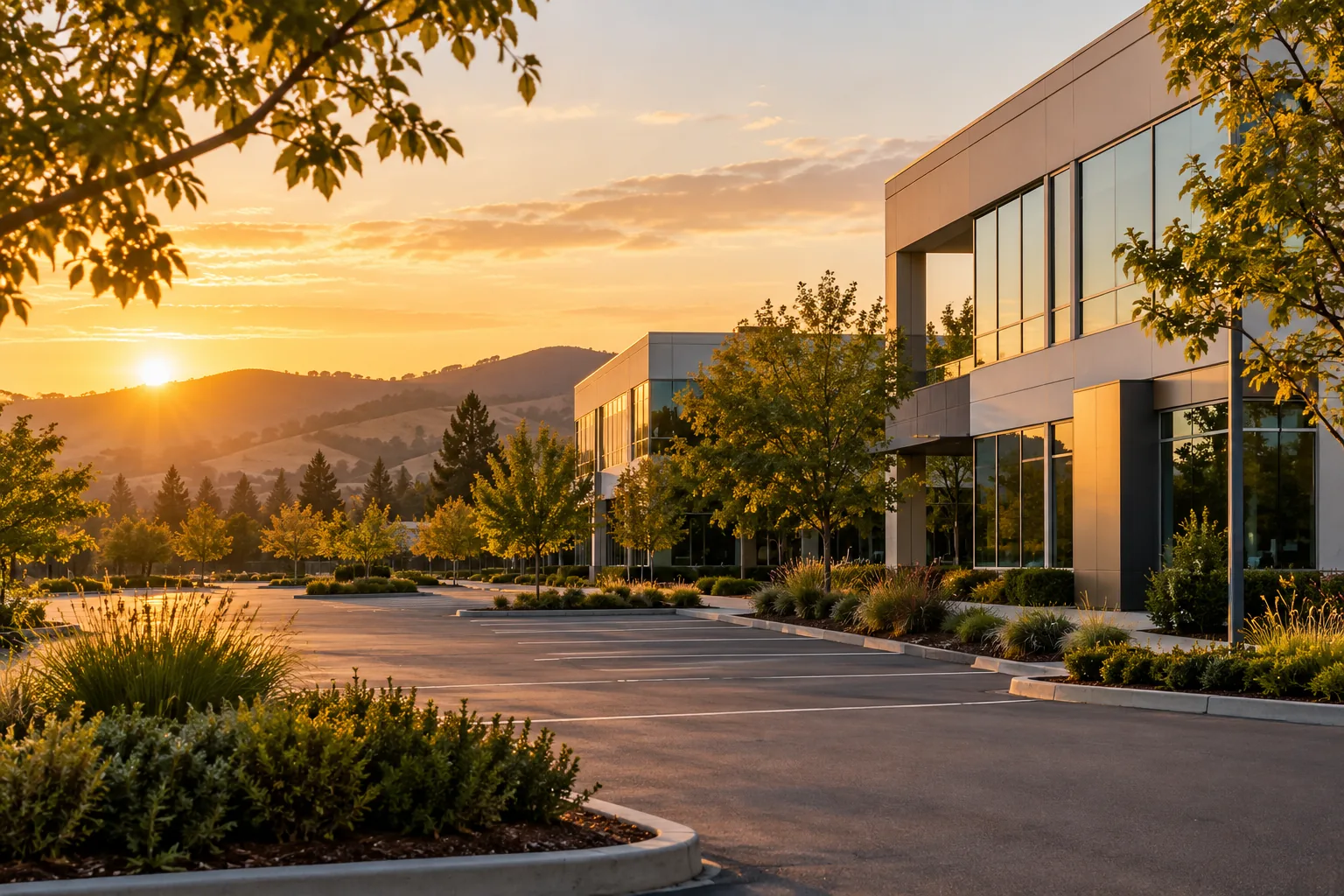 Low-rise office buildings and landscaping at golden hour